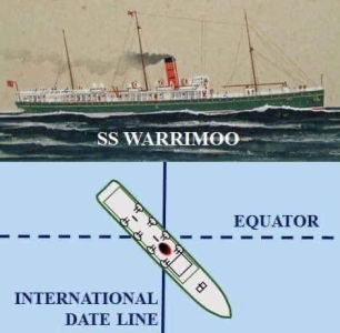 May be an image of submarine, map and text that says SS WARRIMOO EQUATOR INTERNATIONAL DATE LINE